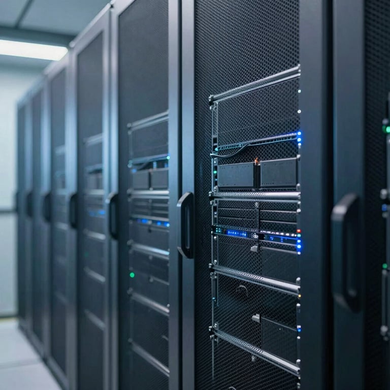 Soft-focus background of a digital server room with cool steel blue lighting, representing secure financial data storage.