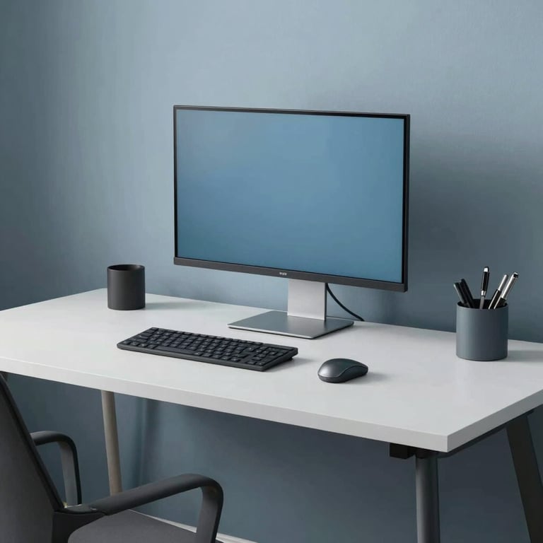 A clean, minimalist desk setup in a North American / US home office with high-end tech, featuring a color palette of mist and slate blue.
