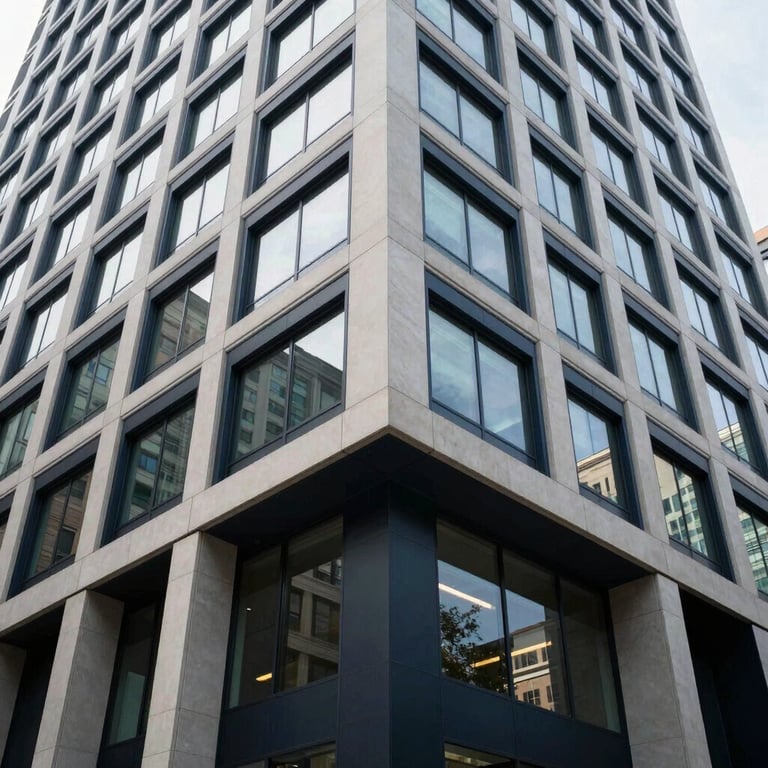 A low-angle shot of a modern office building exterior in a North American / US city, with a clean architectural design and deep navy accents.