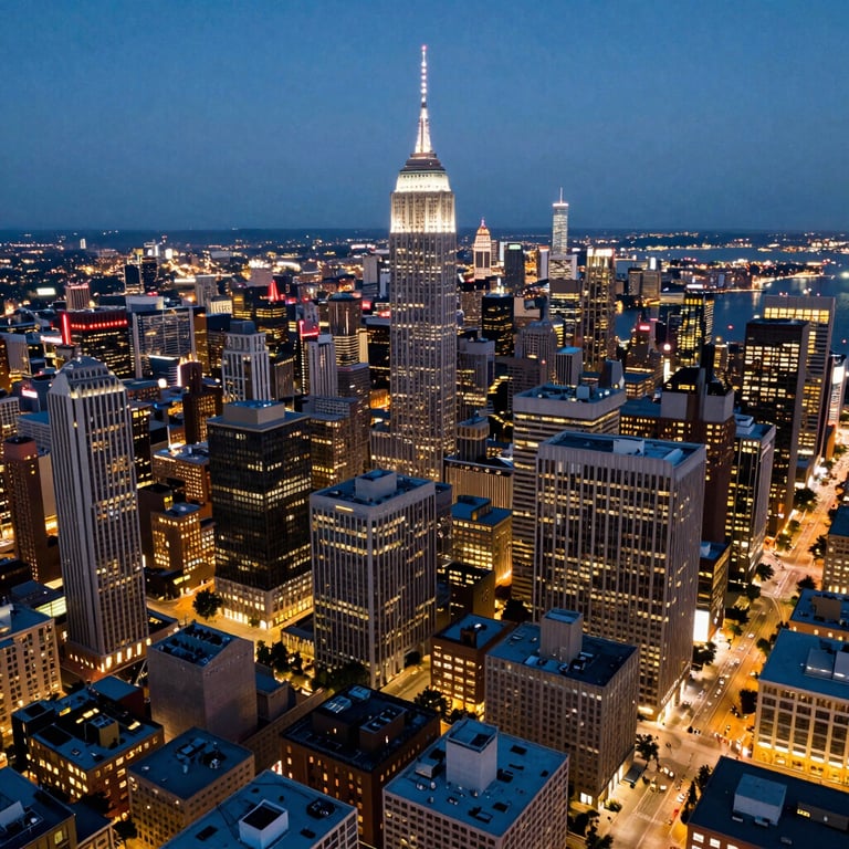 An aerial view of a vibrant North American / US business district at twilight, with the city lights creating a professional and innovative atmosphere.