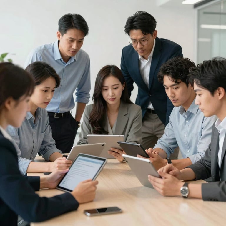 A group of diverse professionals in a North American / US office collaborating around a large table, looking at tablet devices with focused expressions.