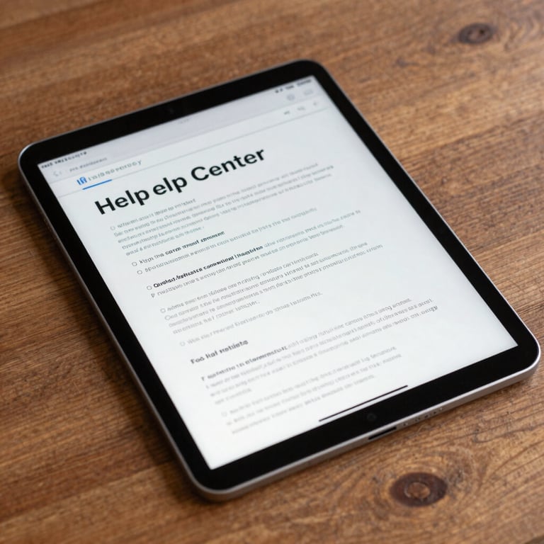 A bright tablet resting on a wooden table displaying a clear help center article with simple text.