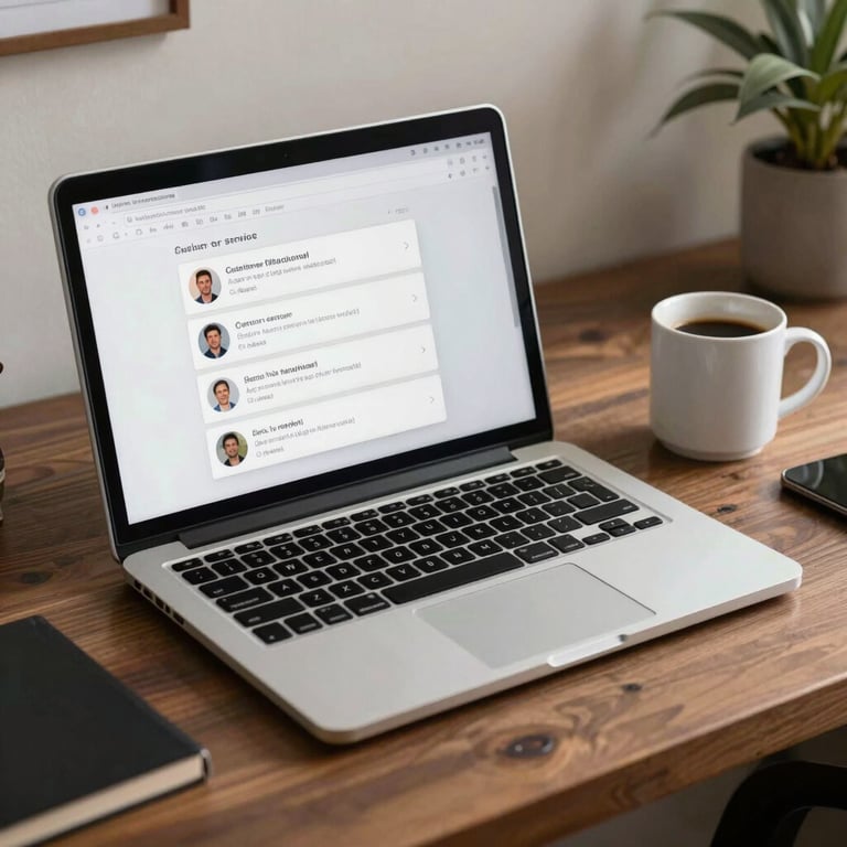 A clean home office setup in North America with a laptop showing a customer service chat window and a coffee mug.