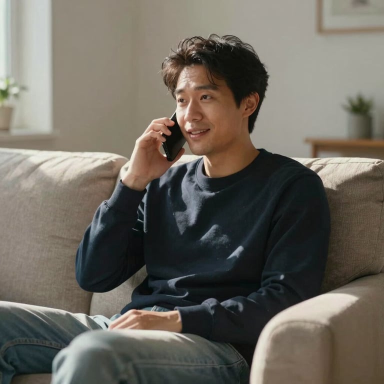 A person sitting on a sofa in a sunlit room, talking on the phone with a helpful expression.