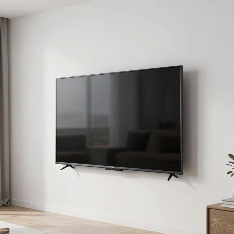 A high-end smart TV mounted on a clean white wall in a minimalist North American apartment.