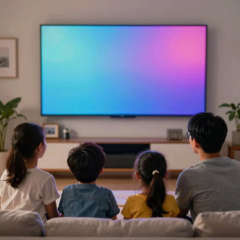 A family in a cozy US home laughing while watching a movie together on a large screen with vibrant colors.