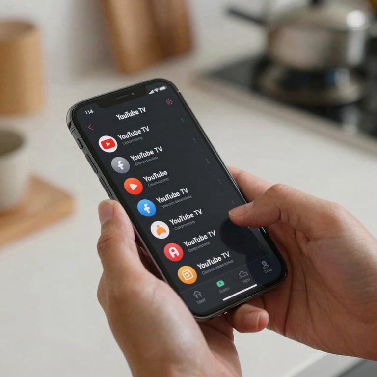 Detailed shot of a person using a smartphone to adjust their YouTube TV settings in a modern kitchen.
