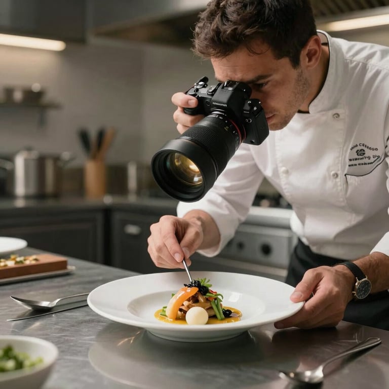 A professional photographer capturing a chef plating a dish in a clean, modern kitchen, cinematic lighting.
