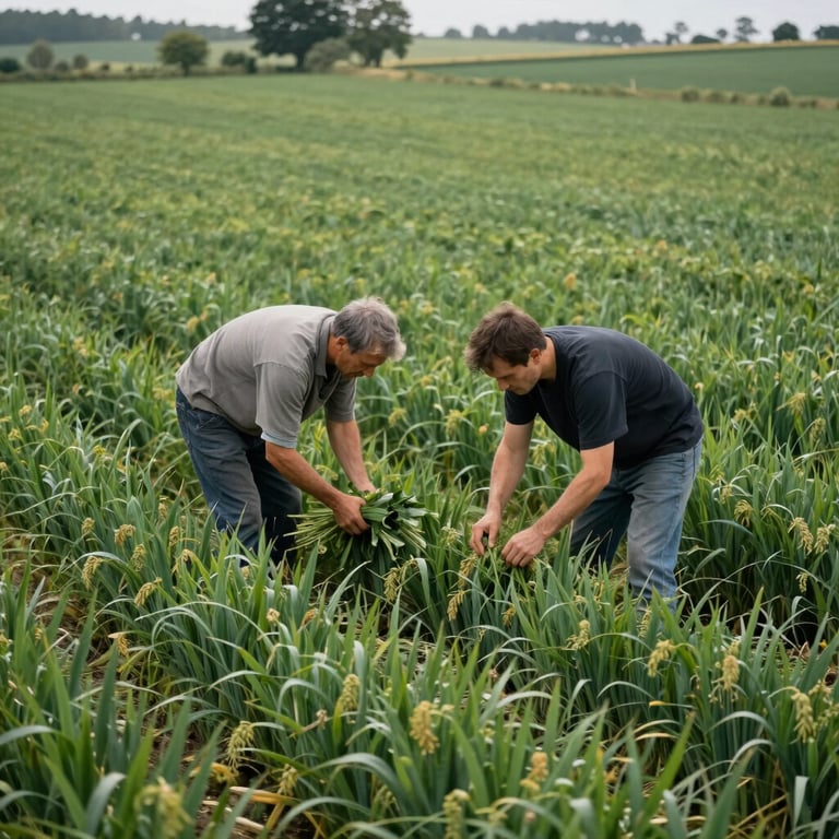 A wide shot of a European farm where local produce is harvested, soft focus on the lush green fields.