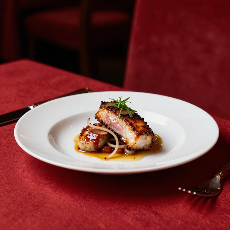 A beautifully plated Mediterranean dish in a dimly lit, elegant restaurant setting, crimson red accents in the decor.