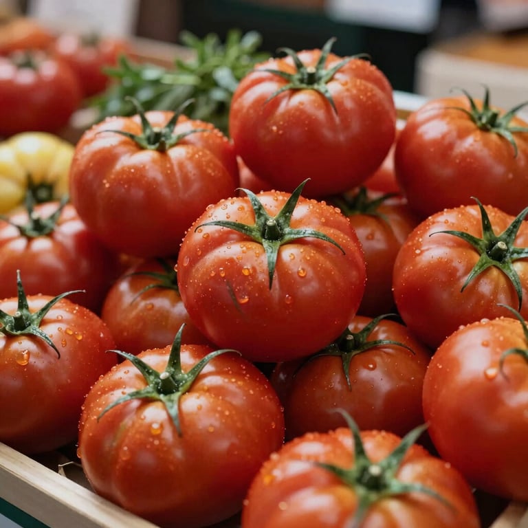A close-up of fresh, vibrant tomatoes and herbs at a modern Spanish gastronomic market, daylight, professional food photography.