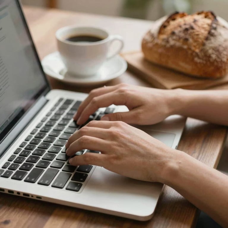 Close-up of hands typing on a laptop next to a cup of coffee and a rustic loaf of bread, warm morning light.