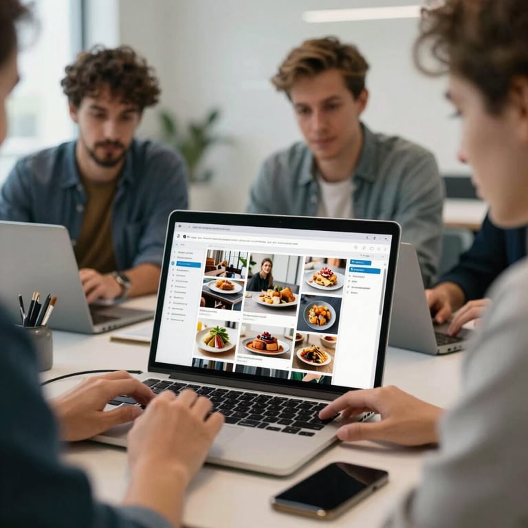 A digital marketing team in Madrid collaborating over a laptop, showing a social media grid with food photos, stylish and bright office.