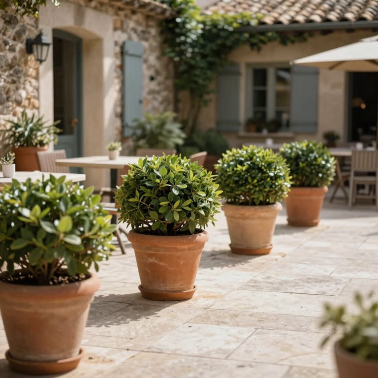 A beautiful outdoor terrace in French / Southern France with clean stone tiles and neatly pruned potted plants.