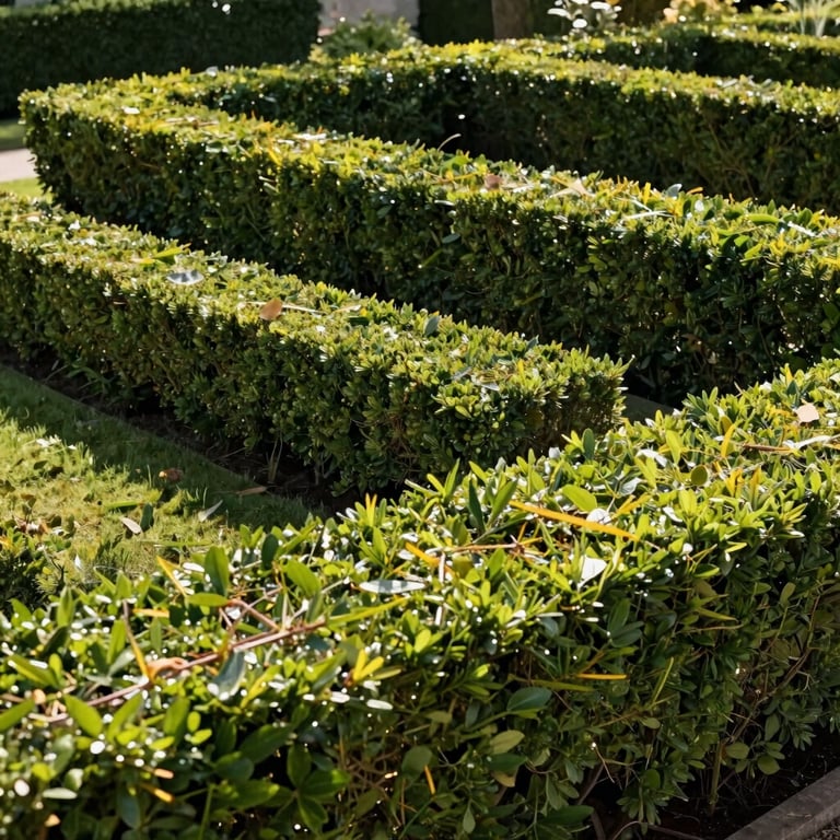 A perfectly trimmed garden hedge under the bright sun of French / Southern France, showing professional landscaping work.