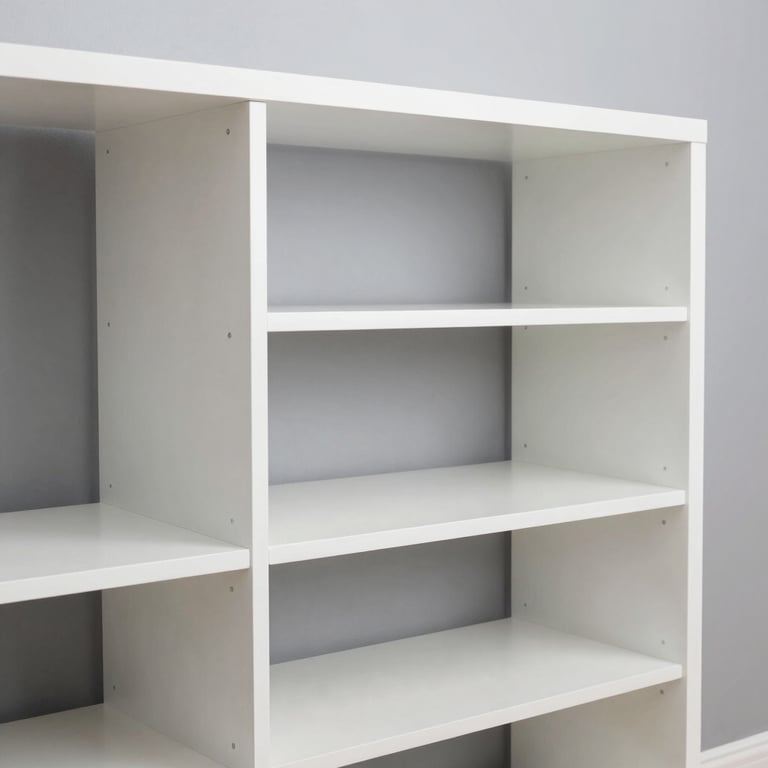 A neatly assembled modern white shelving unit against a light gray wall, showcasing precise furniture assembly.
