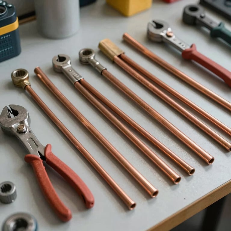 A collection of professional plumbing tools and copper pipes arranged neatly on a clean workshop floor.