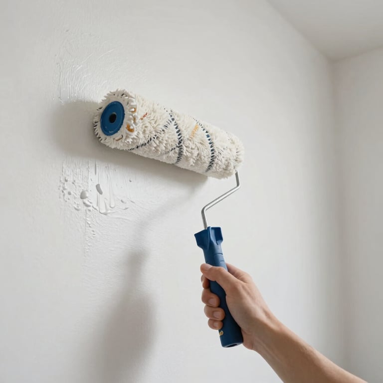 A professional painting a wall with a roller, creating a smooth and clean finish in a bright room.