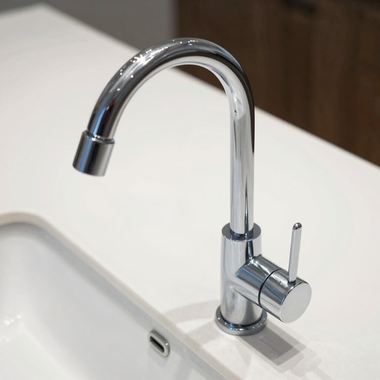 Close-up of a new chrome kitchen faucet perfectly installed on a clean white countertop.