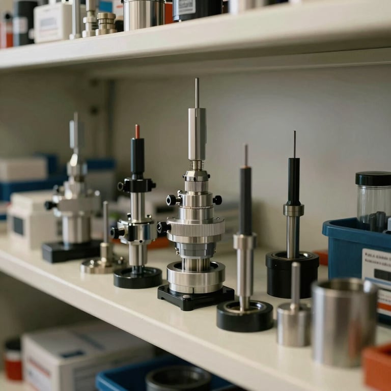 An organized shelf of precision instruments and spare parts, symbolizing expert precision and readiness.