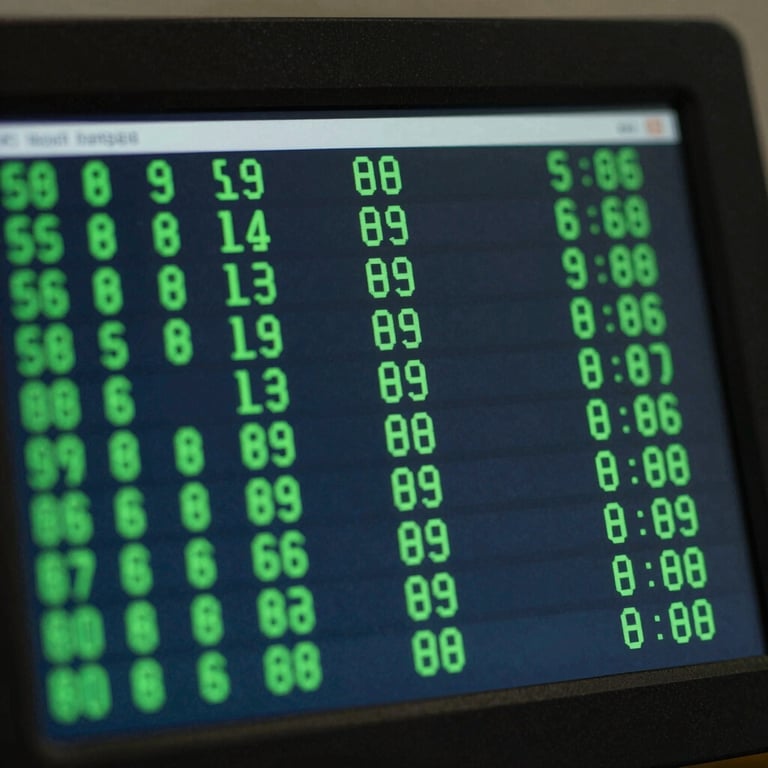 Close-up of a digital diagnostic screen displaying green data lines, set against a dark charcoal blue background.