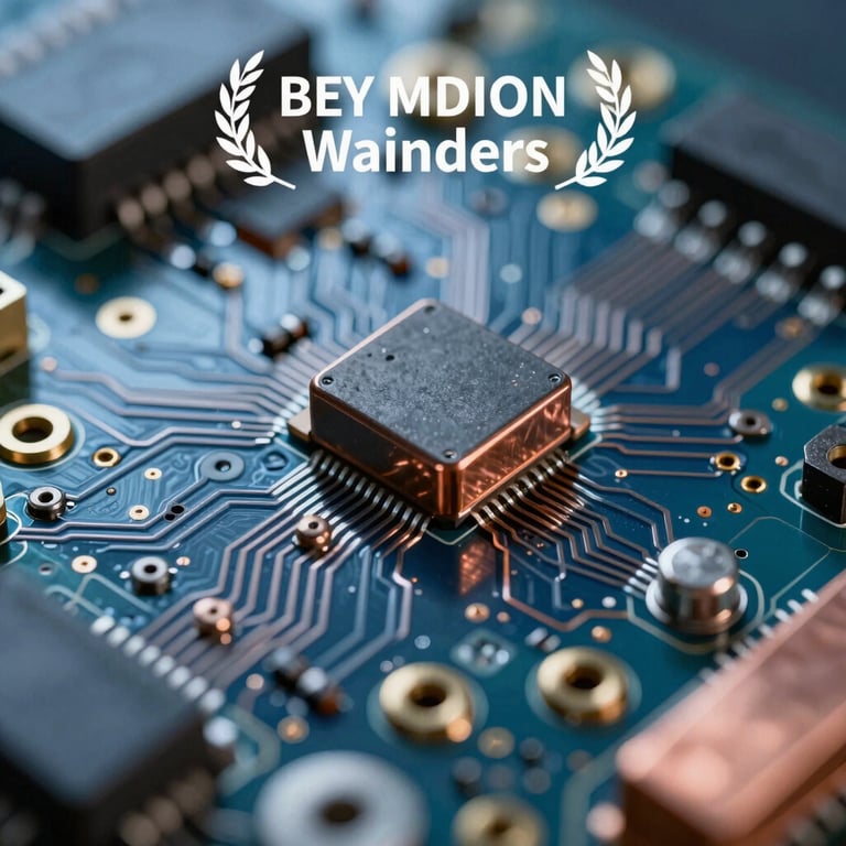 A macro photograph of high-quality copper and steel components of a circuit board, shot with soft steel blue lighting.