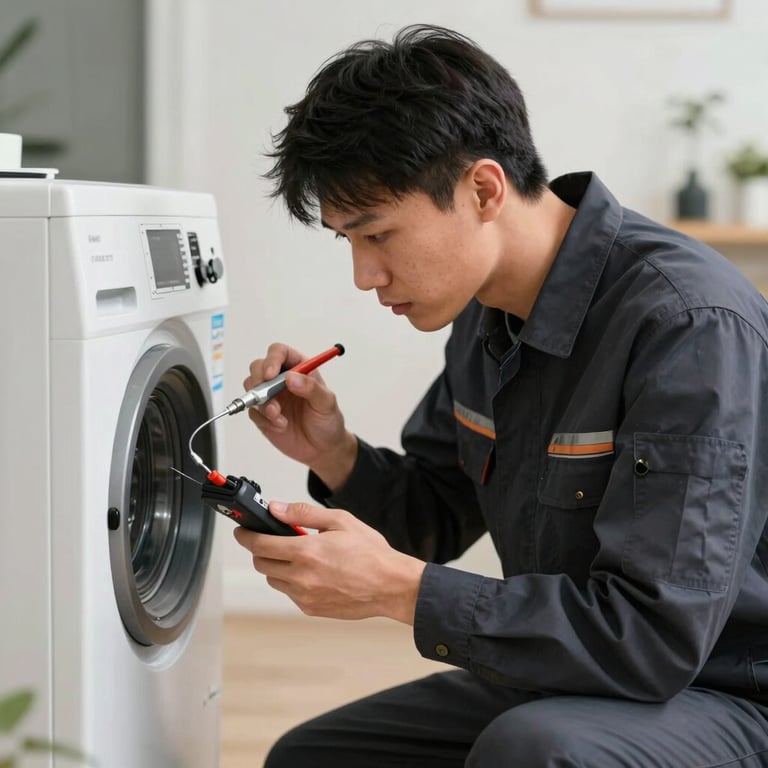 A focused technician in a dark charcoal blue uniform inspecting a household appliance with professional diagnostic tools.