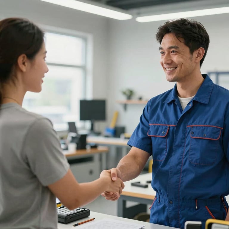 A satisfied customer shaking hands with a repair professional in a bright, modern workshop environment.