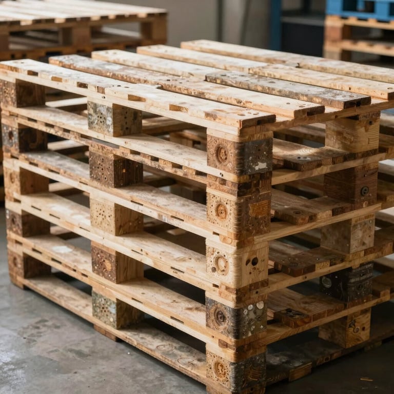 Detailed photography of heavy-duty pallets being prepared for transport in a bright, efficient setting.