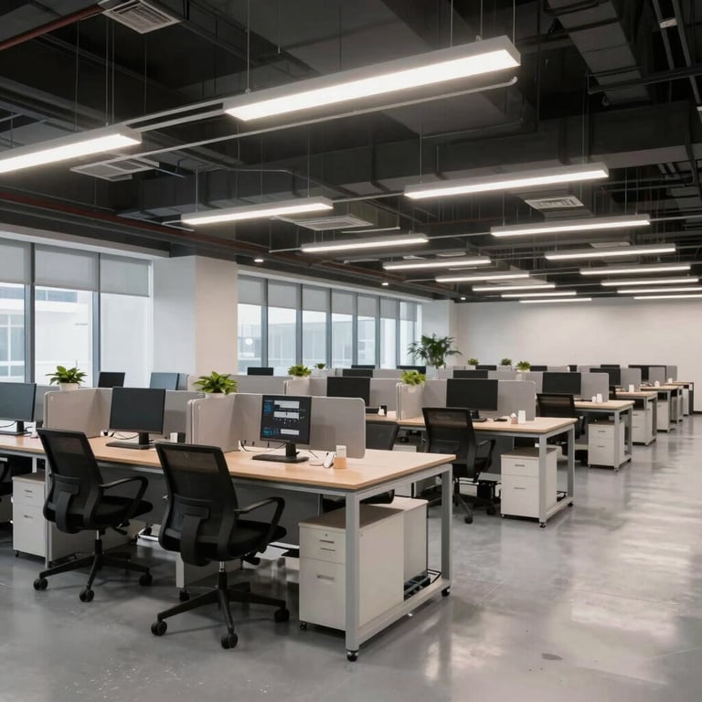 Modern office area overlooking a clean, structured pallet production floor in the United States.