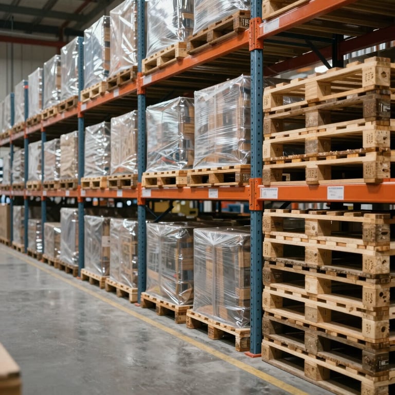 An organized row of storage racks and new pallets in a professional US facility.