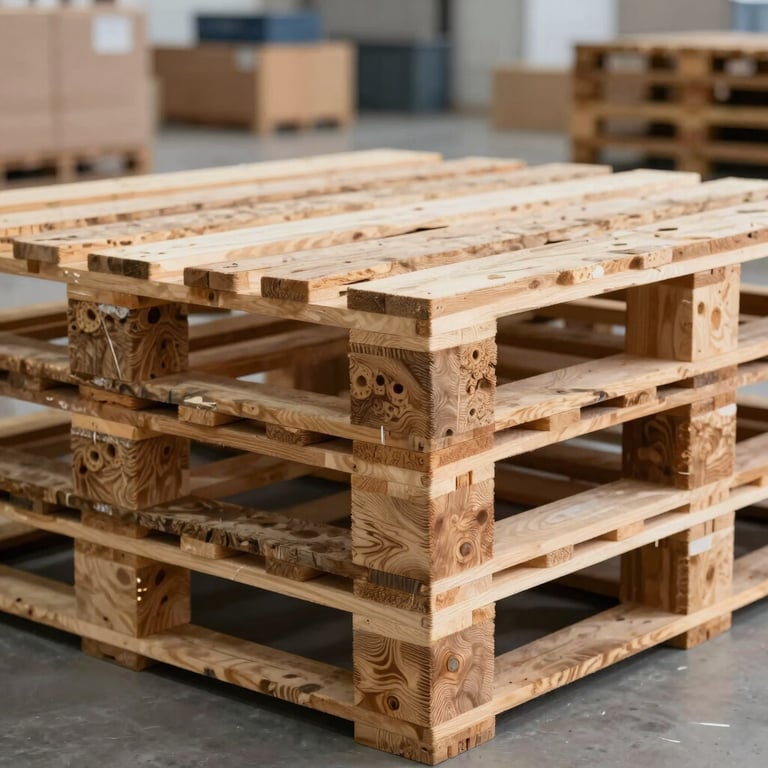 A close-up of premium wooden pallet texture in a bright, modern North American logistics center.