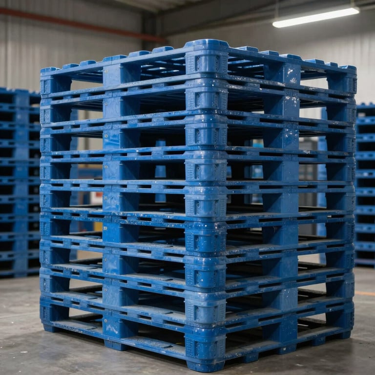 Efficiently stacked blue plastic pallets in a clean warehouse environment with soft industrial lighting.