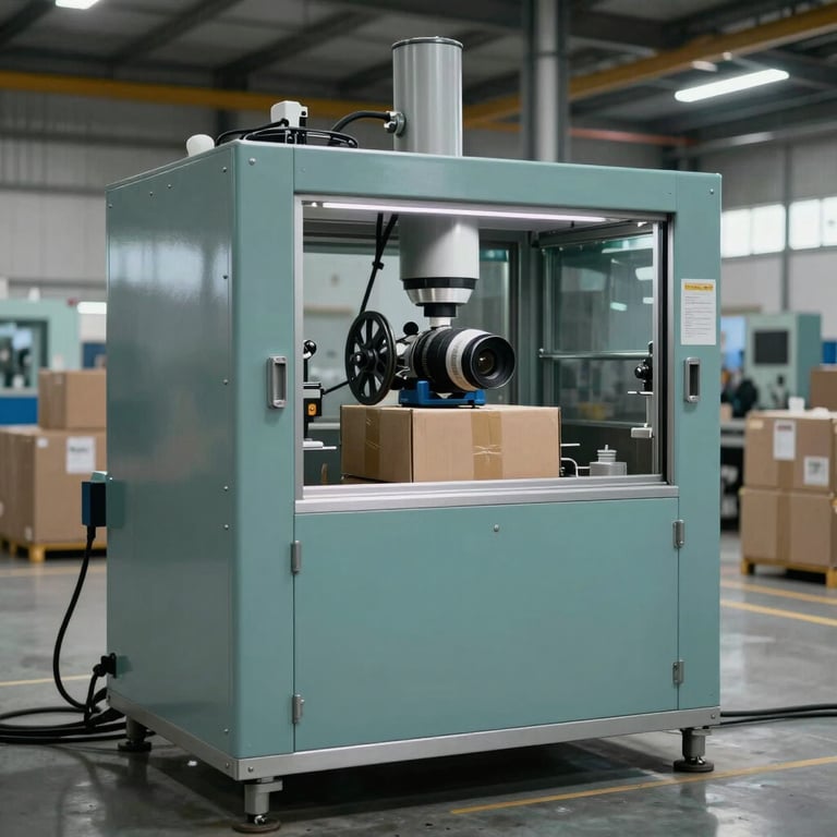 Industrial packaging equipment in a modern North American distribution hub with muted teal and grey tones.