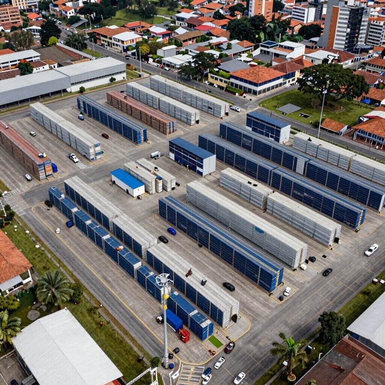 Aerial view of a logistics hub in Bogotá, organized, professional, and high-tech atmosphere.