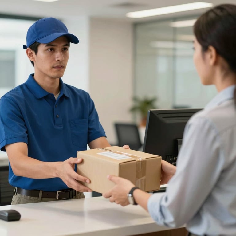 A professional courier handing a package to a business professional in a South American / Colombian office lobby.