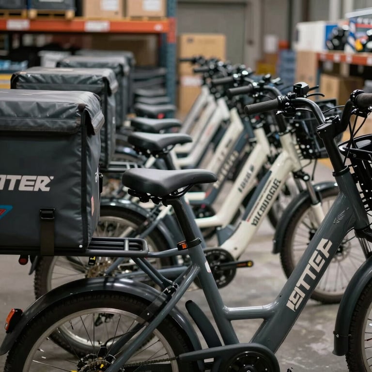 A fleet of modern delivery bikes lined up in a professional South American / Colombian warehouse, shades of dark slate grey and off-white.
