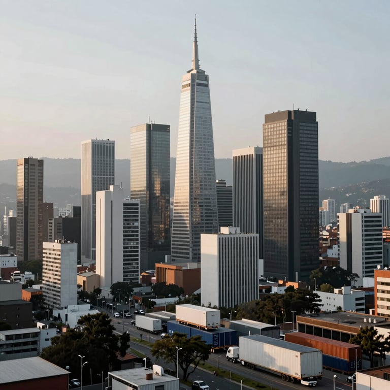 Wide shot of the Bogotá skyline with a focus on modern logistics movement, soft morning light, grey and white tones.