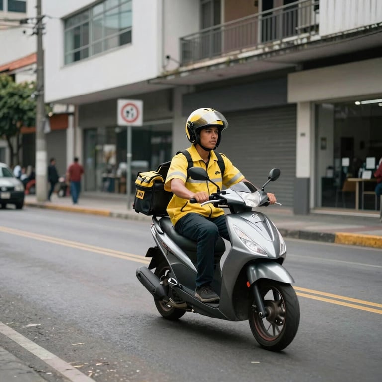 A courier navigating a clean, modern street on a scooter in a South American / Colombian city center.
