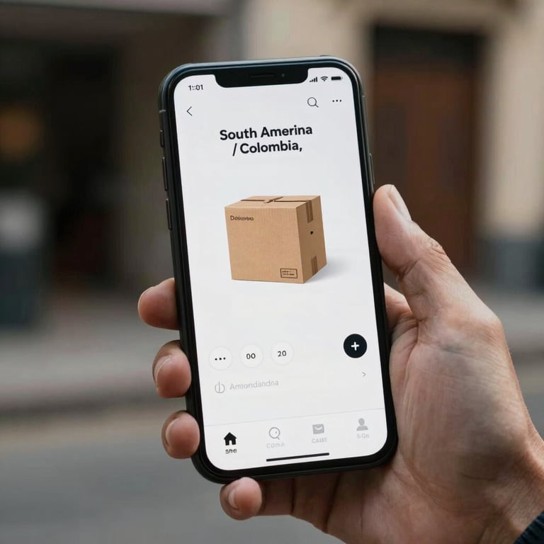 Close-up of a hand using a mobile app to track a delivery, sleek minimalist interface, South American / Colombian setting.
