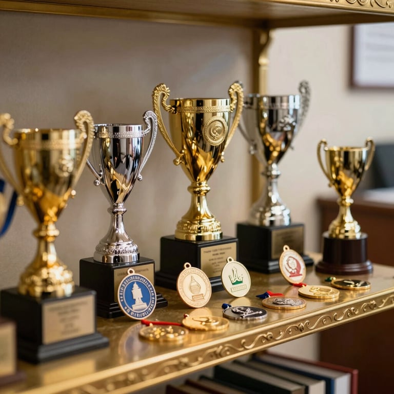 Close-up of academic trophies and medals on an antique gold display shelf in a professional school office.