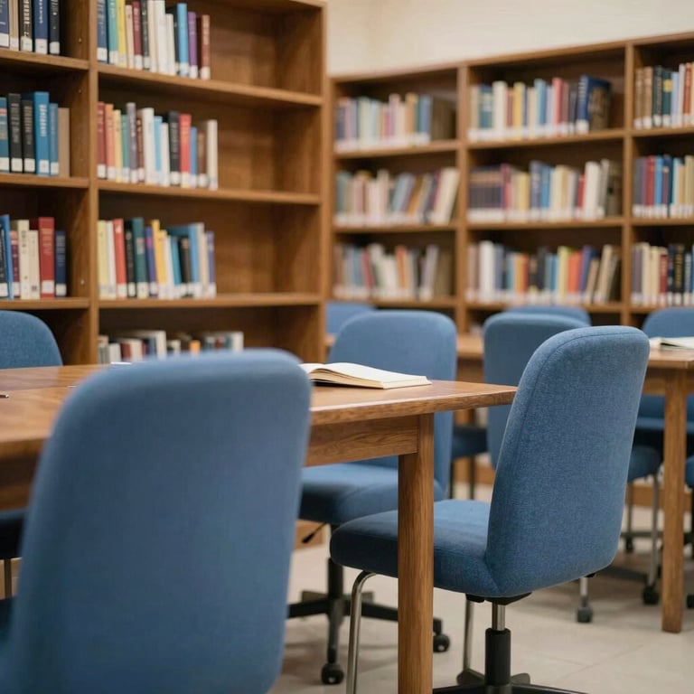 A well-stocked school library in India featuring wooden shelving and comfortable slate blue reading chairs.