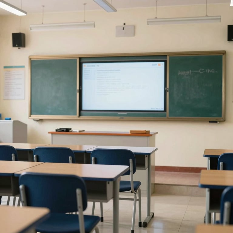 A bright smart classroom in a South Asian / Indian school with deep navy blue chairs and digital teaching boards.