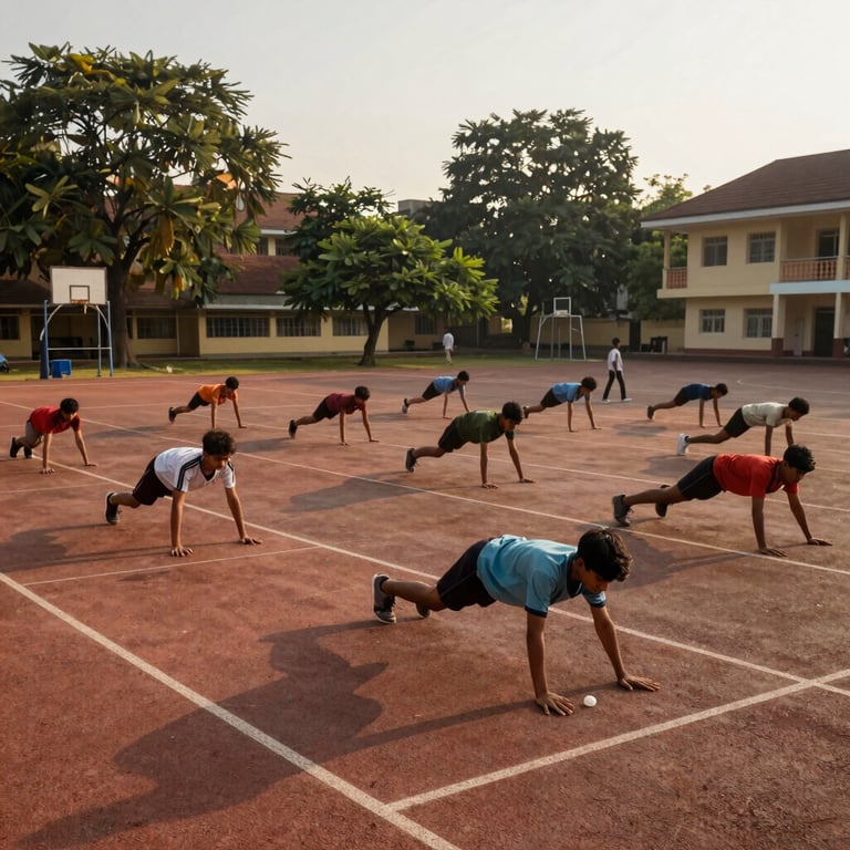 An outdoor sports courtyard in a South Asian / Indian academy with students practicing during a golden hour.