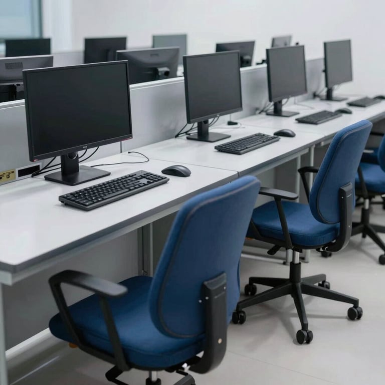 A modern computer lab with sleek equipment and professional slate blue ergonomic seating.