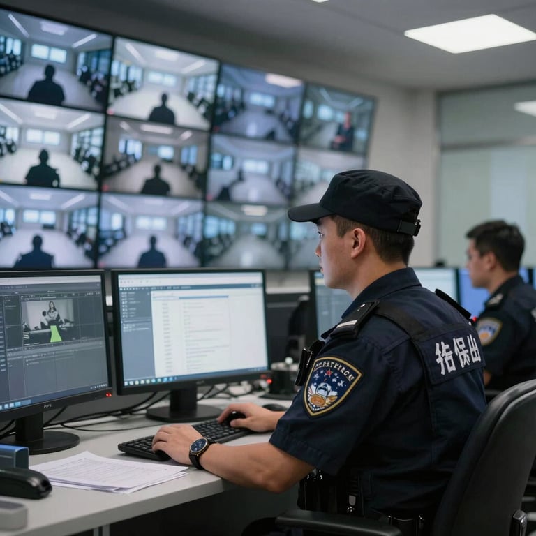 A professional security guard monitoring high-definition surveillance feeds in a modern North American / US security operations center.