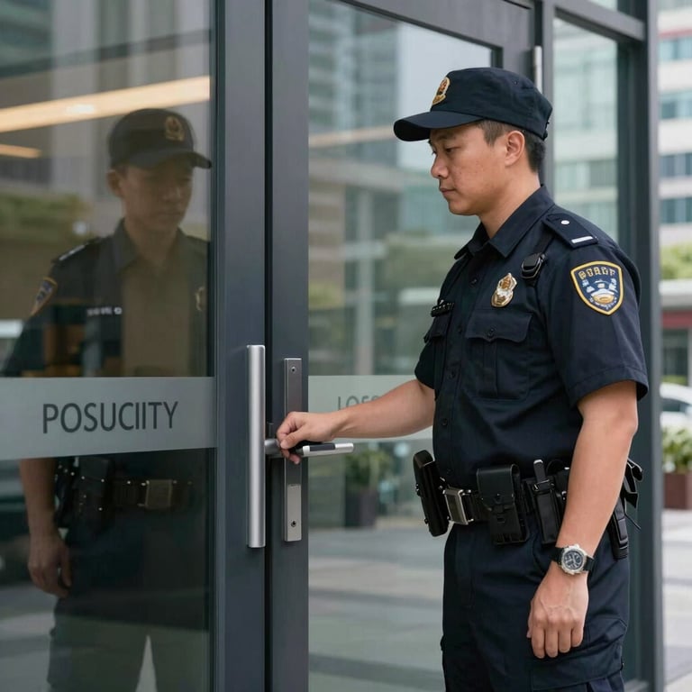 A security guard opening a door for a professional at a North American / US corporate skyscraper, emphasizing hospitality and safety.