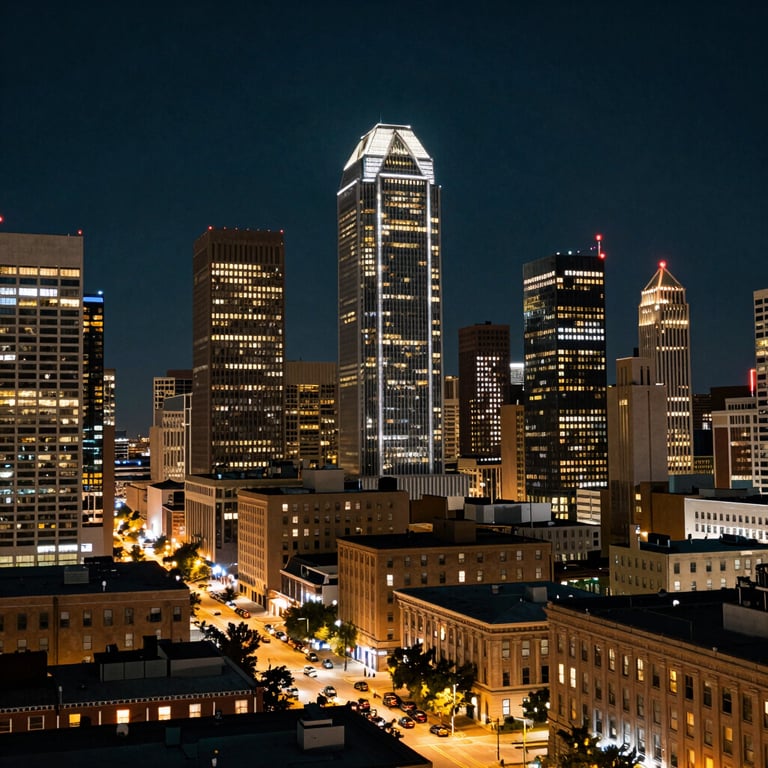 The illuminated Dallas-Fort Worth city skyline at night, showcasing the urban environment that Black Reign Protection Services secures daily.
