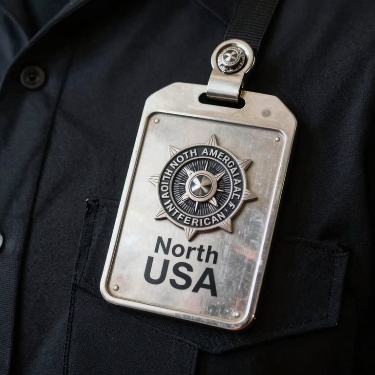A close-up photograph of a professional silver security badge on a black uniform, symbolizing authority and trust in a North American / US context.