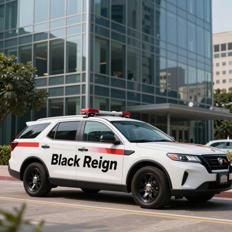 A white security patrol vehicle with red and black Black Reign branding parked outside a glass corporate building in Dallas, Texas.